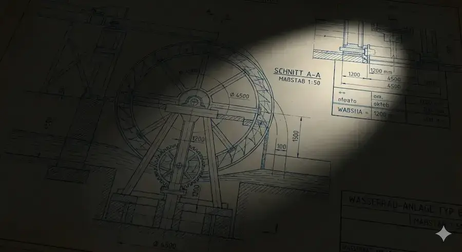 Technische Zeichnung eines Wasserrads im Schatten